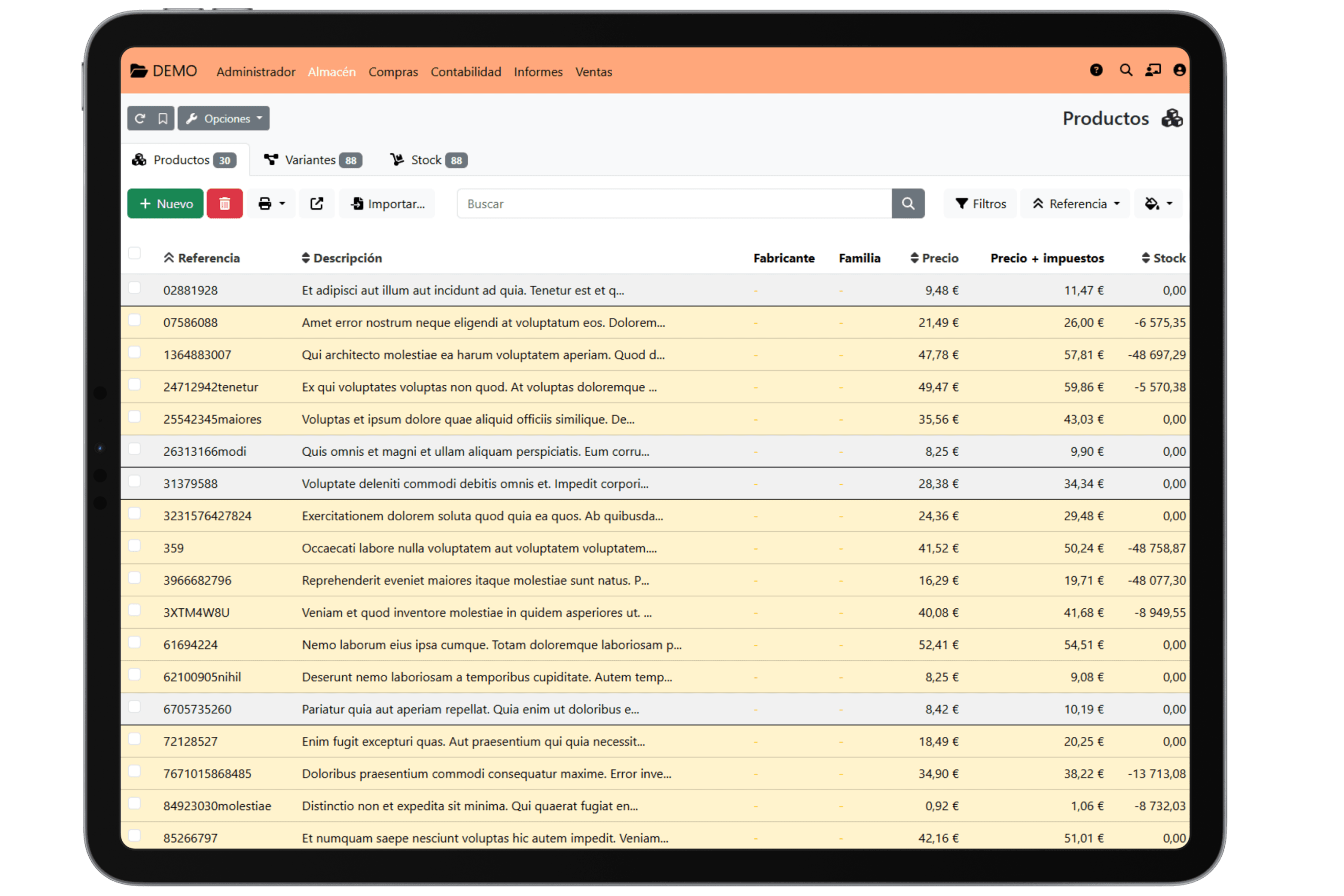 Pantalla de administración de catálogo en tablet del programa de facturación electrónica GetRadi, mostrando listado de productos con precios, impuestos y referencias detalladas.